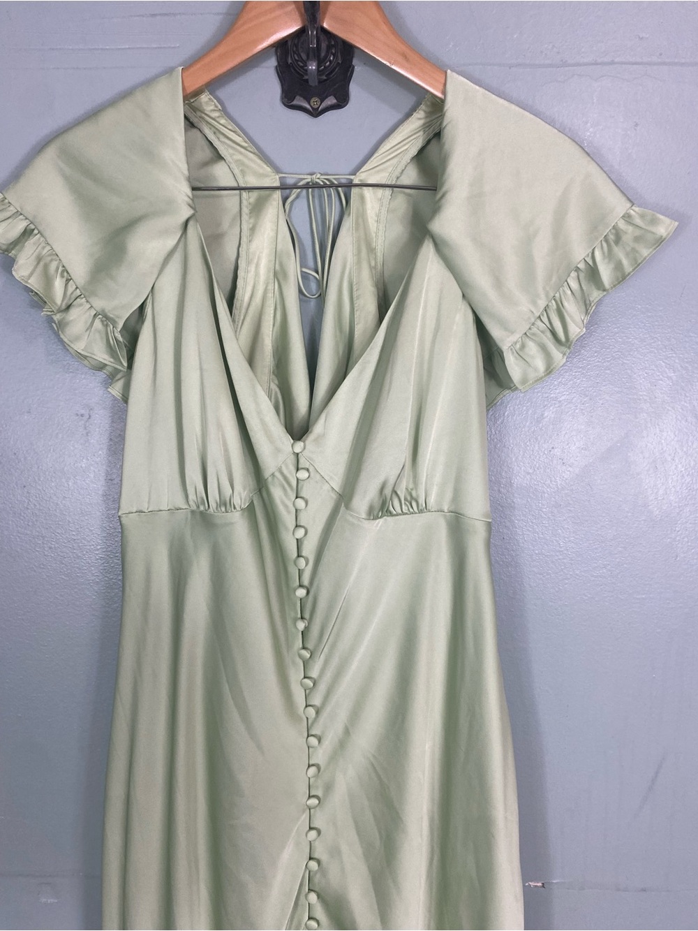 BHLDN Caped Satin Maxi Dress Green Ruffle XL - Picture 3 of 10